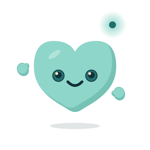 A small mint-green heart with a smile and two mitten hands, a soft light glowing beside it